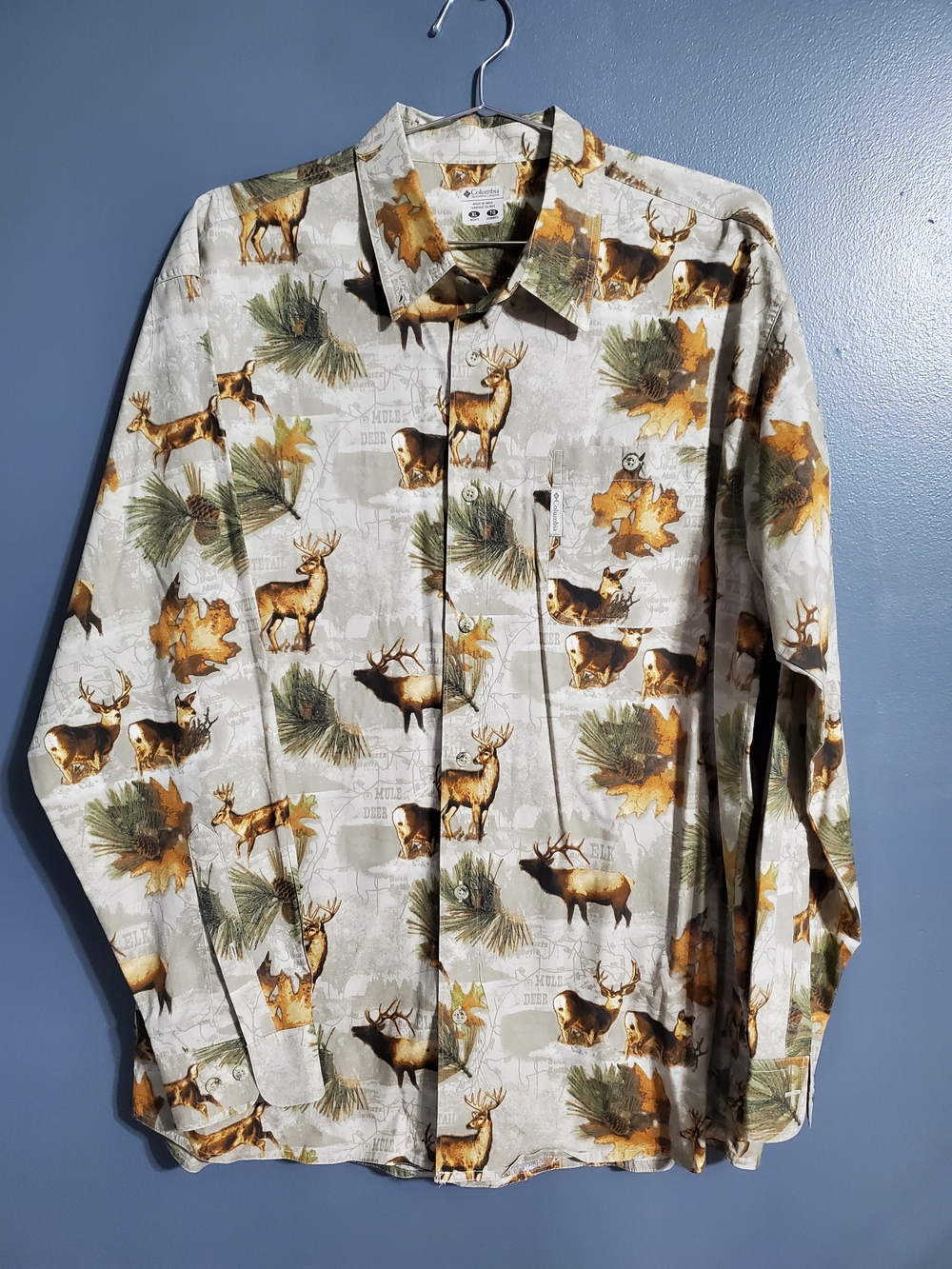 Columbia Men's Button-Down Deer Hunting Cotton Shirt Cream, Brown, Green Size XL